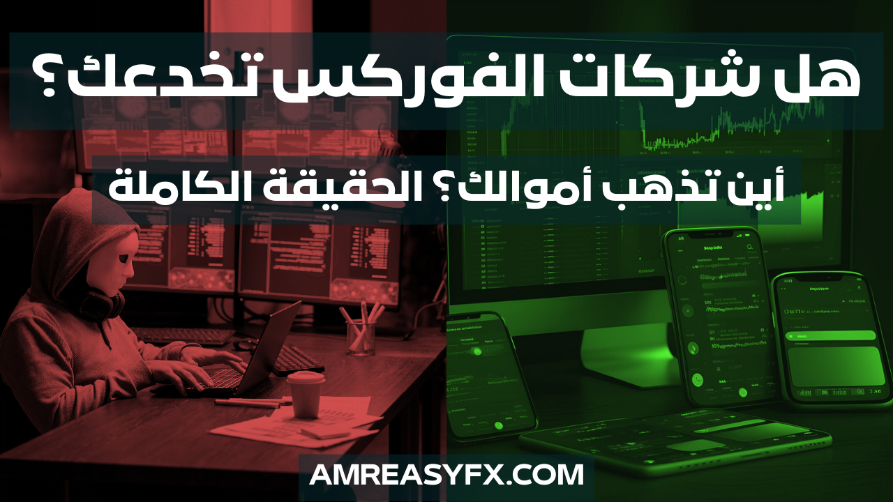 صورة مقارنة توضح الفرق بين ECN وصانع السوق في الفوركس؛ يظهر الجانب الأيسر باللون الأحمر مع شخص مقنع يرمز للخداع، والجانب الأيمن باللون الأخضر يرمز للشفافية مع شاشات تداول احترافية، وعنوان يتساءل هل شركات الفوركس تخدعك؟