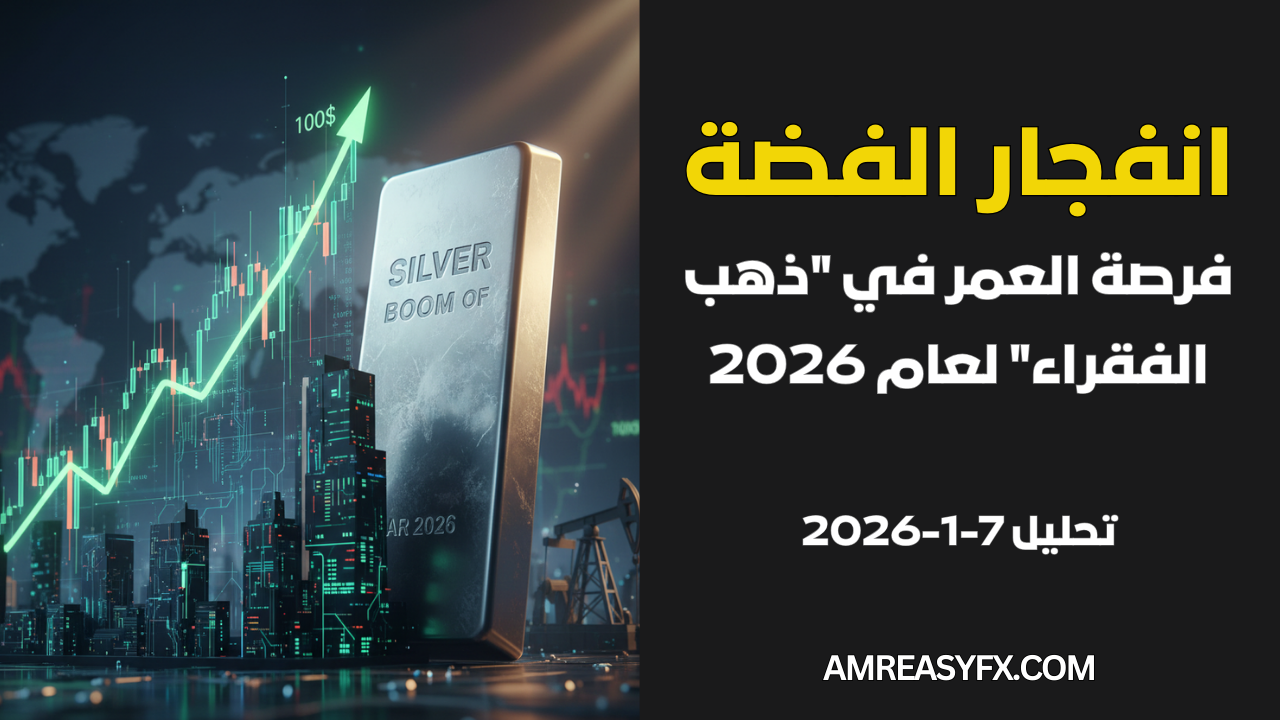 توقعات-سعر-الفضة-2026-AmrEasyFX سبيكة فضة مع رسم بياني صاعد وخلفية تكنولوجية تعبر عن توقعات أسعار الفضة لعام 2026.