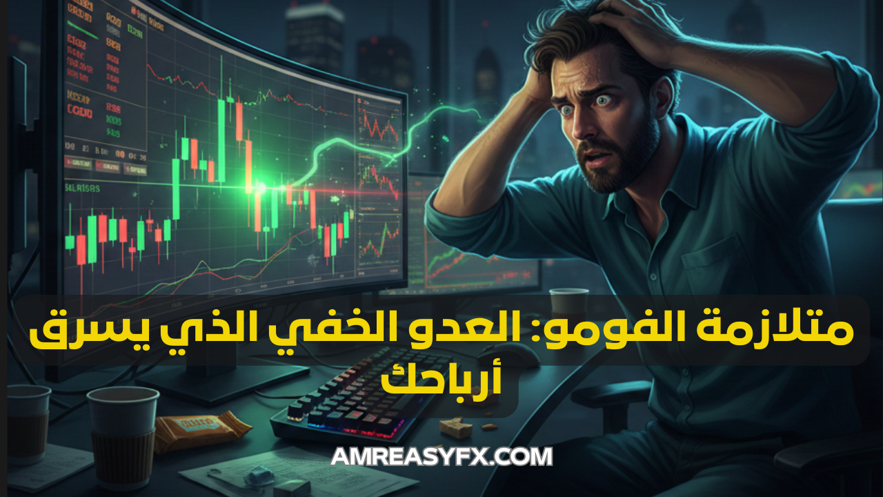 متداول فوركس تسيطر عليه متلازمة الفومو أمام شاشات التداول ويظهر عليه التوتر والخوف من ضياع الفرصة