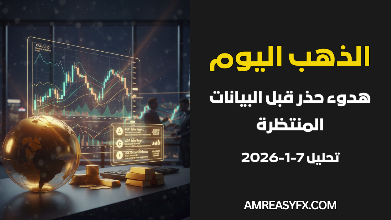 سبائك ذهب وعناصر شارت فني مع خلفية تعبر عن ترقب البيانات الاقتصادية لعام 2026، توضح تمركز الذهب قبل صدور تقرير ADP.